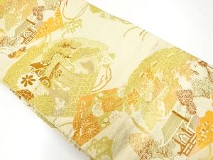 アンティーク　檜扇に御所車・風景模様織出し袋帯（材料）